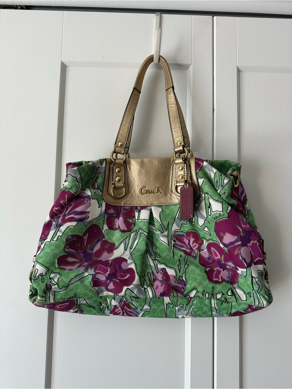Coach Floral Canvas Tote with Gold Trim - Green & Purple